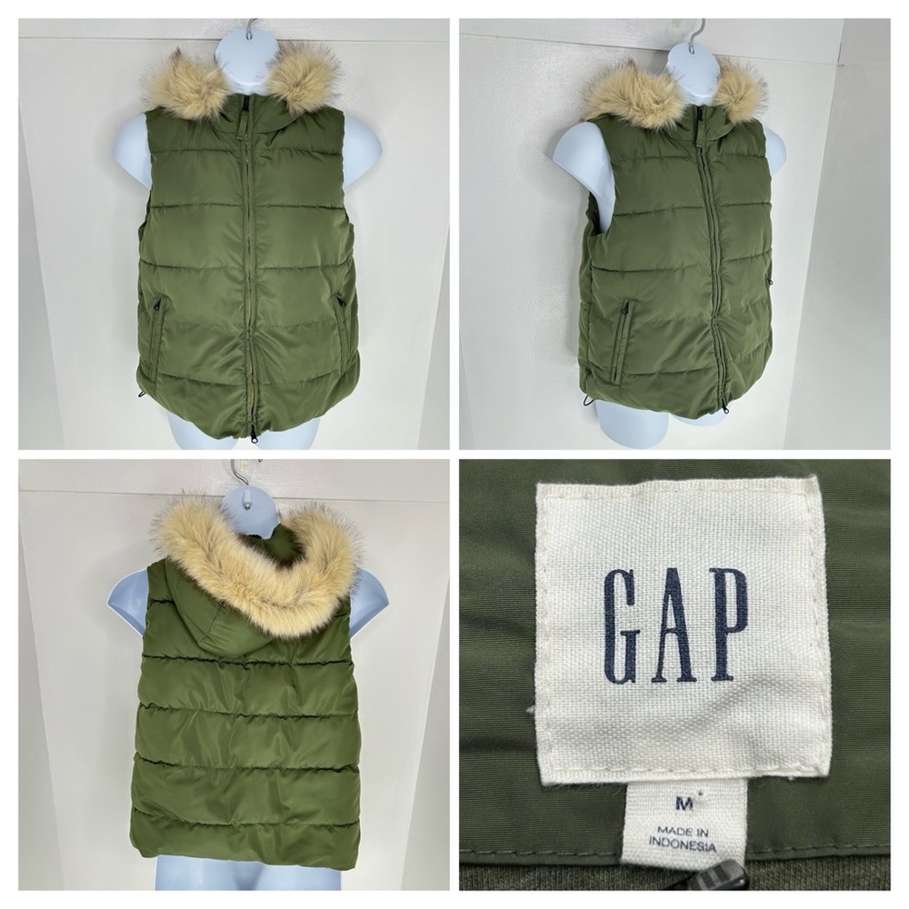 GAP Olive Green Puffer Vest Size Medium Detachable Faux Fur Trim‎ Hooded Winter